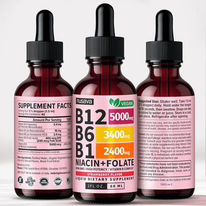 NUSAVA Vitamin B12 Liquid Drops 5000mcg - B-Complex with B6 and B1 - Sublingual Methylcobalamin, Vegan, Non-GM, Strawberry – Image 9