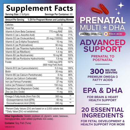 Prenatal Vitamins for Women with Folic Acid and Omega-3 DHA - 120 Softgels