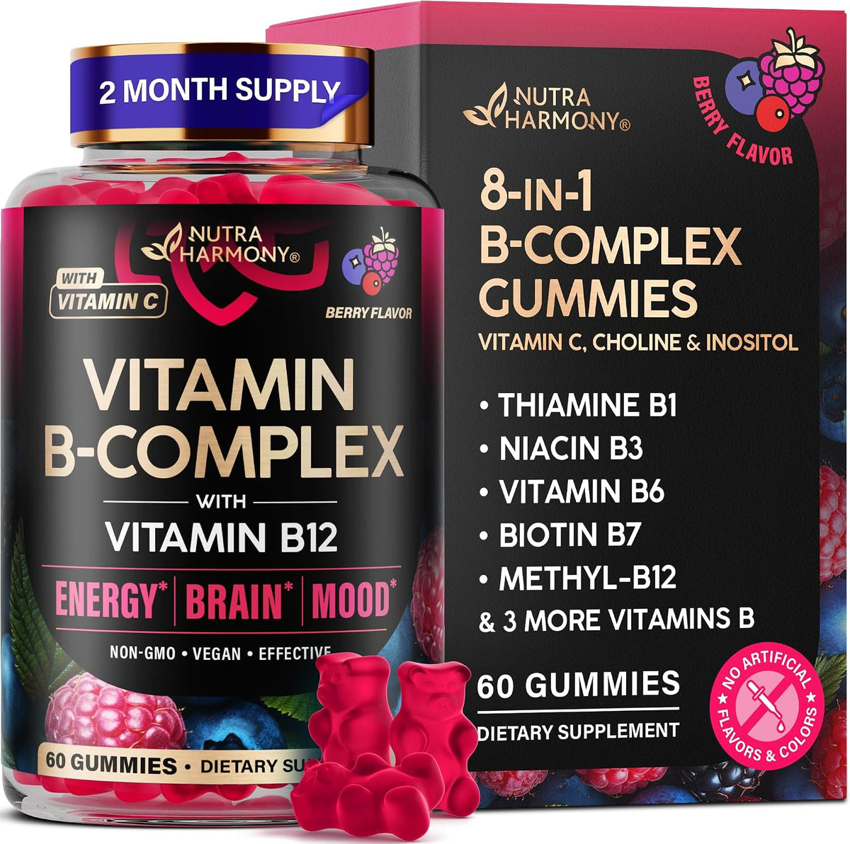 Vitamin B-Complex Gummies – Energy & Brain Support – Vegan – 60 Count – Image 1