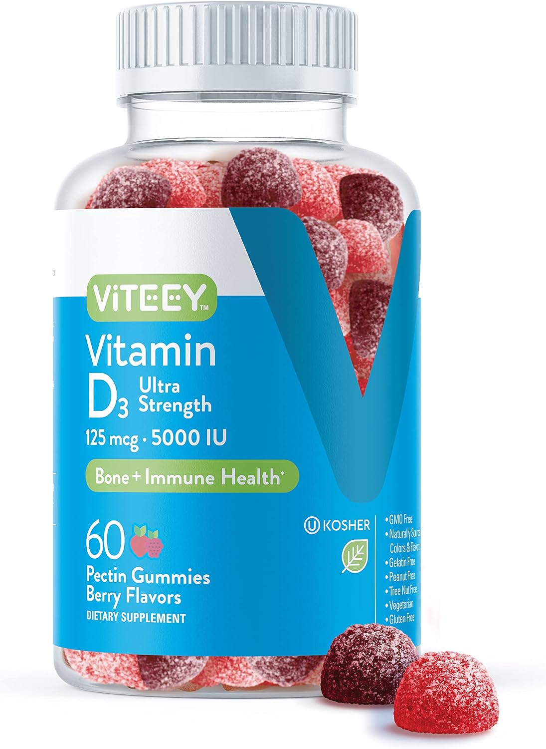 Viteey Vitamin D3 Gummies for Adults & Teens - 5,000 IU Ultra Strength - Berry Flavour - 120 Count - görsel 7