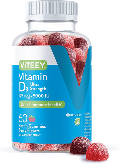 Viteey Vitamin D3 Gummies for Adults & Teens - 5,000 IU Ultra Strength - Berry Flavour - 120 Count