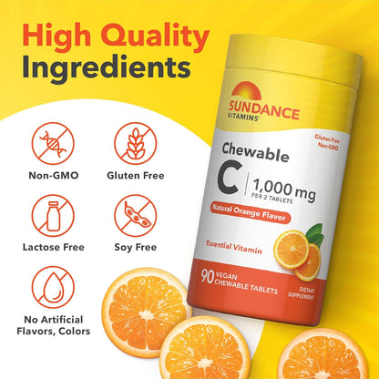 Sundance Chewable Vitamin C 1000mg | 90 Tablets | Natural Orange Flavour | Vegan, Non-GM & Gluten free Supplement