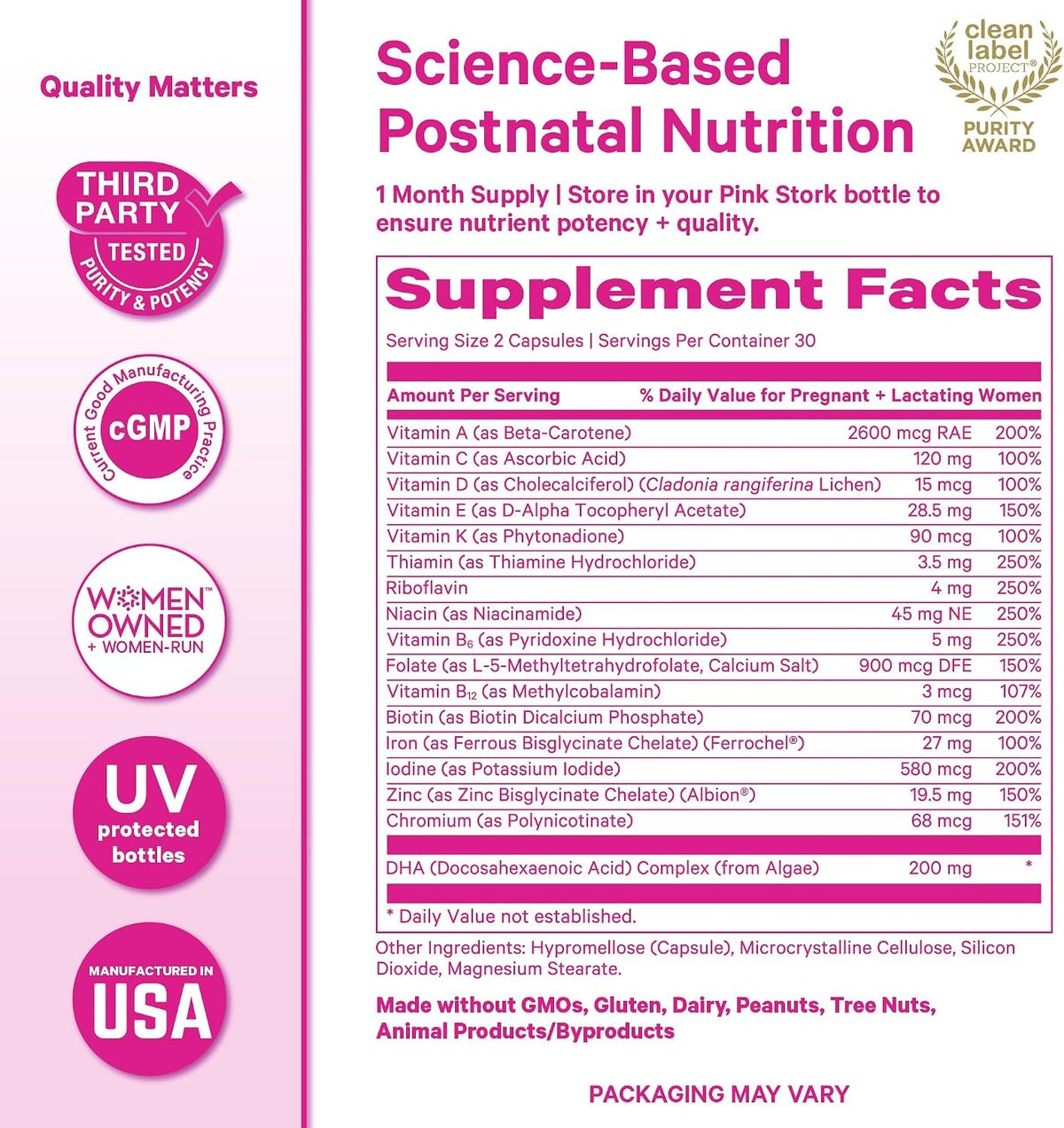 Pink Stork Total Postnatal Vitamins for Women's | Vegan Algae DHA, Methylated Folate, Iron, B12 | Postpartum Recovery + – Image 6
