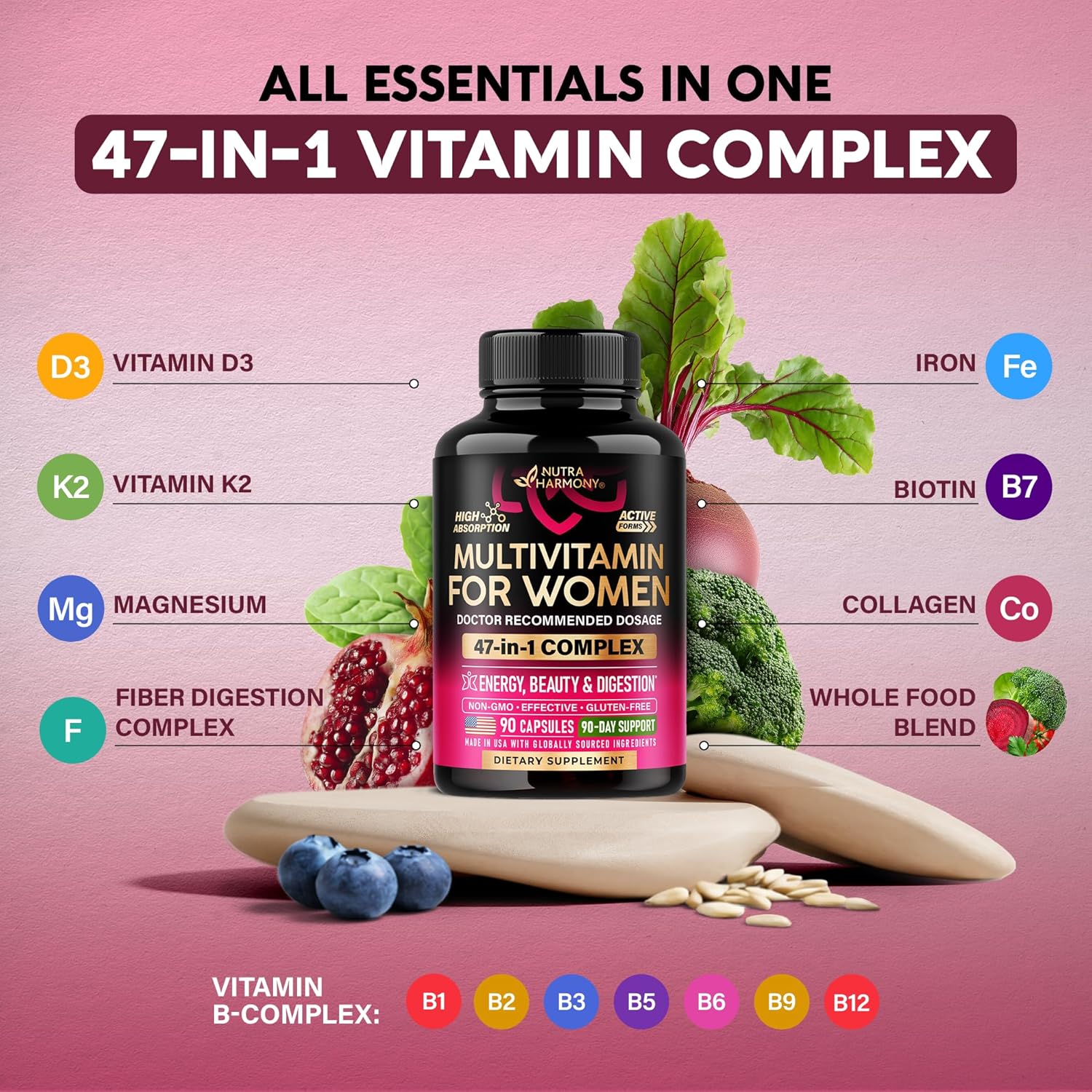NUTRAHARMONY Women's's Multivitamin 47-in-1 with B-Complex, Whole Foods and Beauty Complex - 90 Capsules - görsel 4