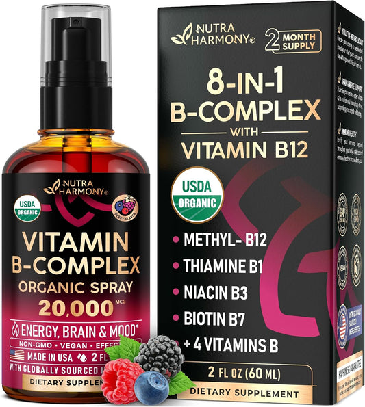 USDA Organic Vitamin B-Complex Liquid Spray 8-in-1 - B5 Pantothenic Acid | B12 Methylcobalamin | B1 Thiamine | B6 Pyridoxine – Image 1