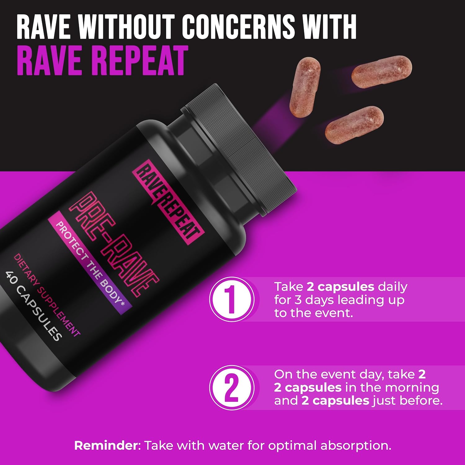 Pre-Rave Supplement - 5-HTP Free Rave Vitamins with CoQ10, Magnesium, Green Tea - Festival Essentials for Energy, Wellbeing & Jaw Support - 40 Capsules - görsel 7