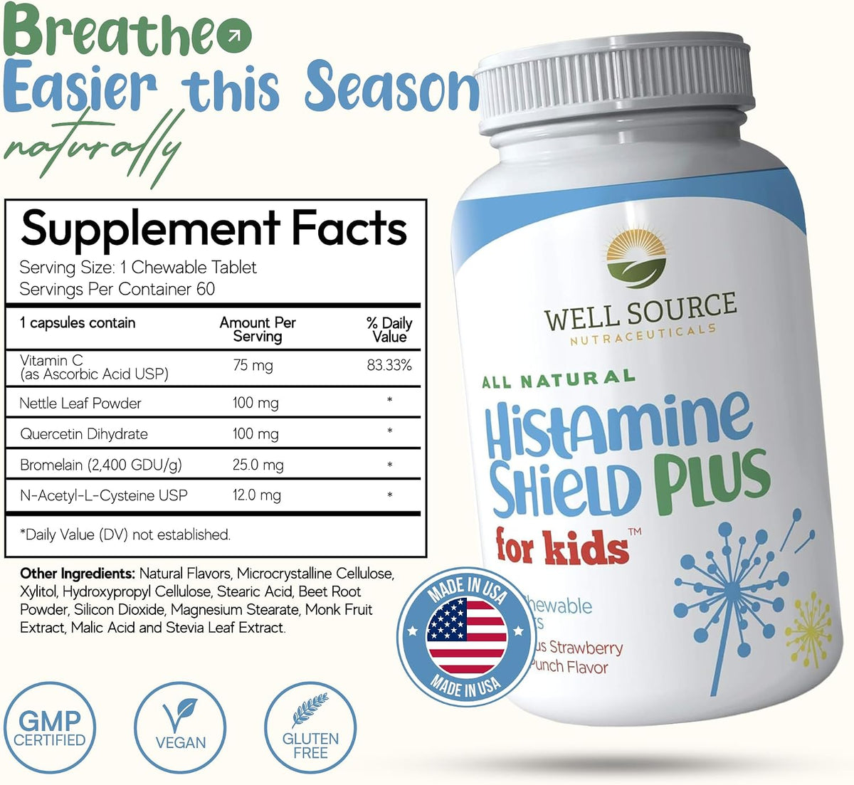 Histamine Shield Plus Kids – Natural Antihistamine Chewable Tablets, 60 Strawberry Fruit Punch – Image 2