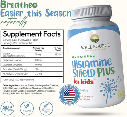 Histamine Shield Plus Kids – Natural Antihistamine Chewable Tablets, 60 Strawberry Fruit Punch – Image 2