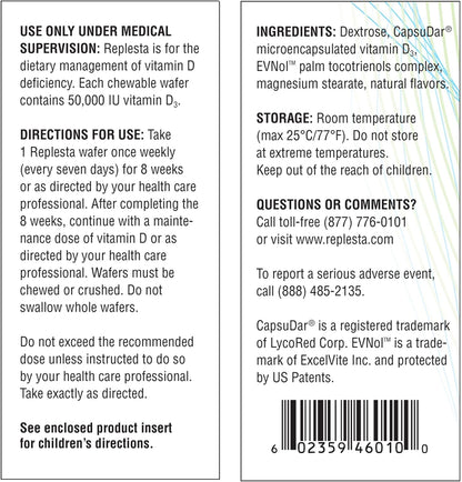 Replesta 50,000 IU Vitamin D3 Cholecalciferol, for Vitamin D Deficiency, Once-Weekly Chewable Wafer, Non-GM, Natural Orange Flavour, 4 Pack (Pack of 2)