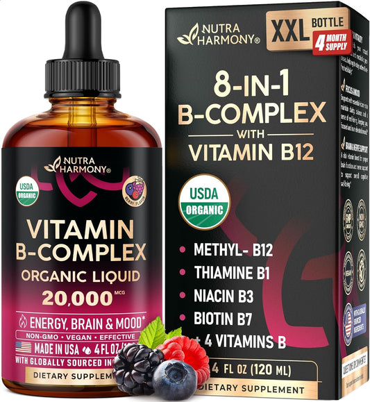 USDA Organic Vitamin B-Complex Liquid Drops – B5 Pantothenic Acid, B12 Methylcobalamin, B1 Thiamine, B6 Pyridoxine, B7 – Image 1