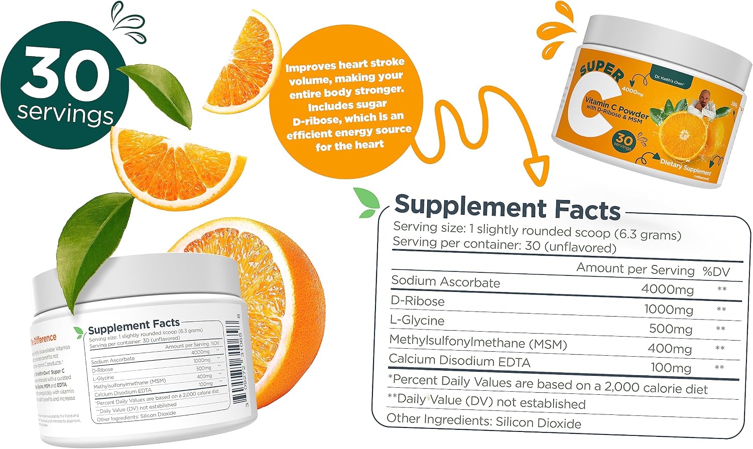 Dr. Keith's Own Super C - High Dose Powdered Vitamin C 4000mg with D-Ribose, Glycine, MSM - Unflavoured, 200 Grams (30 Servings) - görsel 4