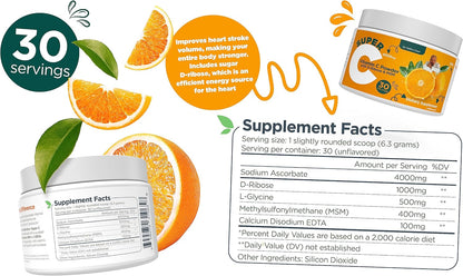 Dr. Keith's Own Super C - High Dose Powdered Vitamin C 4000mg with D-Ribose, Glycine, MSM - Unflavoured, 200 Grams (30 Servings)
