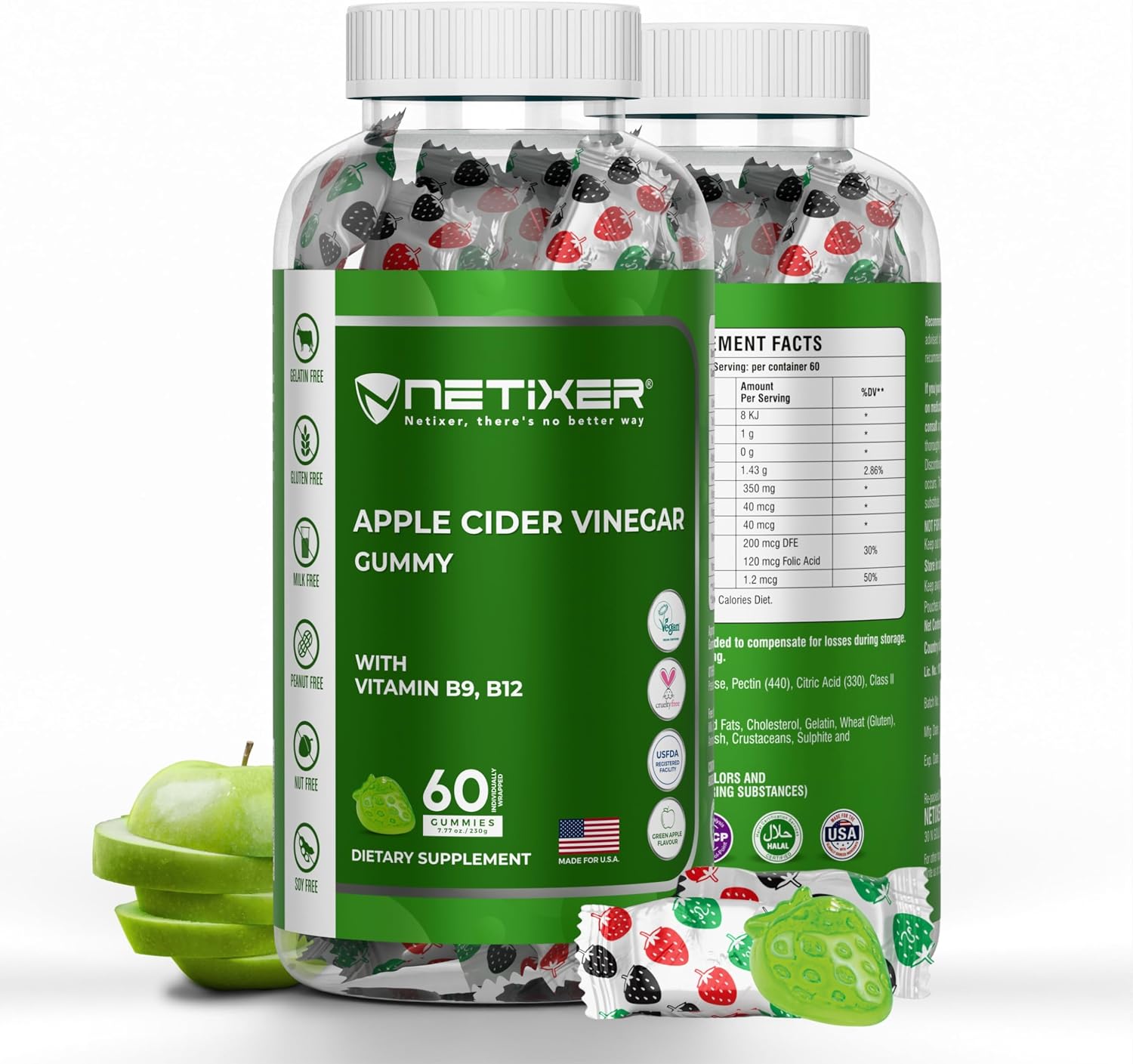 Apple Cider Vinegar Gummies – 350mg Apple Cider Vinegar per Gummy – with Vitamin B9 & B12 – Vegan Pectin Gummies – Individually Wrapped – 60 Gummies - görsel 1
