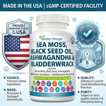 Sea Moss for Dogs - 17-in-1 Immunity, Skin & Coat Support with Black Seed Oil, Ashwagandha & Turmeric for Daily Vitality & Seasonal Allergy Relief - 90 Chewable Tablets