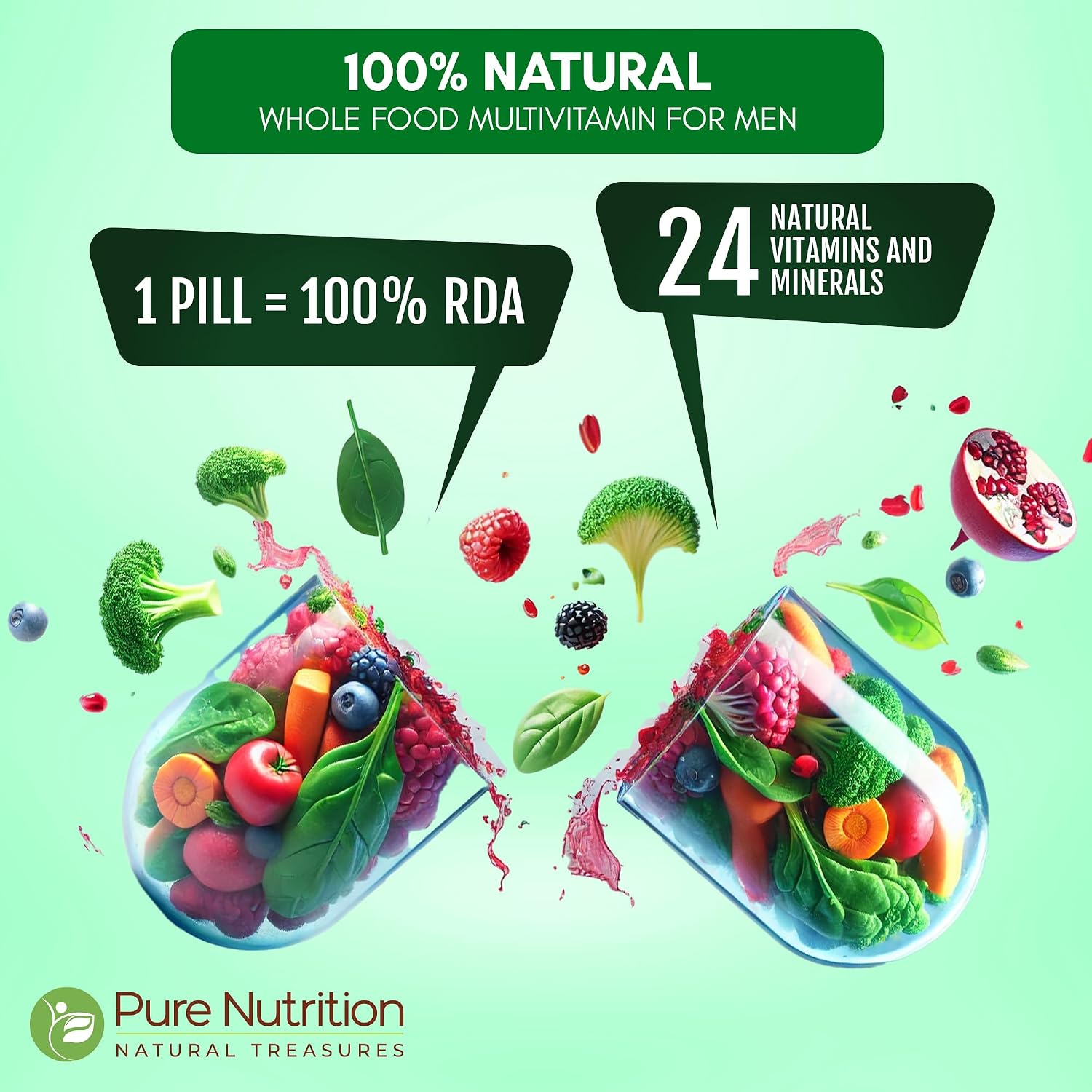 Pure Nutrition Wholefood Multivitamins for Men | 90 Tabs | One-A-Day | 100% RDI | 24 Natural Vitamins and Minerals | All Natural Plant Based Men's Multivitamin | 3-Month Supply - görsel 2