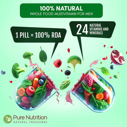 Pure Nutrition Wholefood Multivitamins for Men | 90 Tabs | One-A-Day | 100% RDI | 24 Natural Vitamins and Minerals | All Natural Plant Based Men's Multivitamin | 3-Month Supply