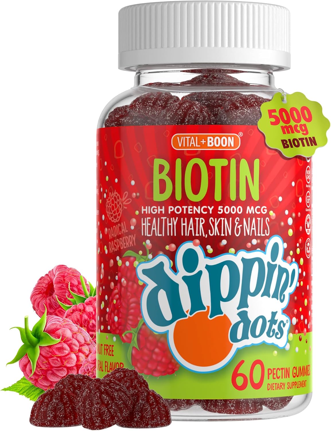Dippin' Dots High Potency Biotin Gummies 5000mcg - Hair, Skin & Nails - Raspberry - 60 Day Supply (2 Pack) - görsel 9