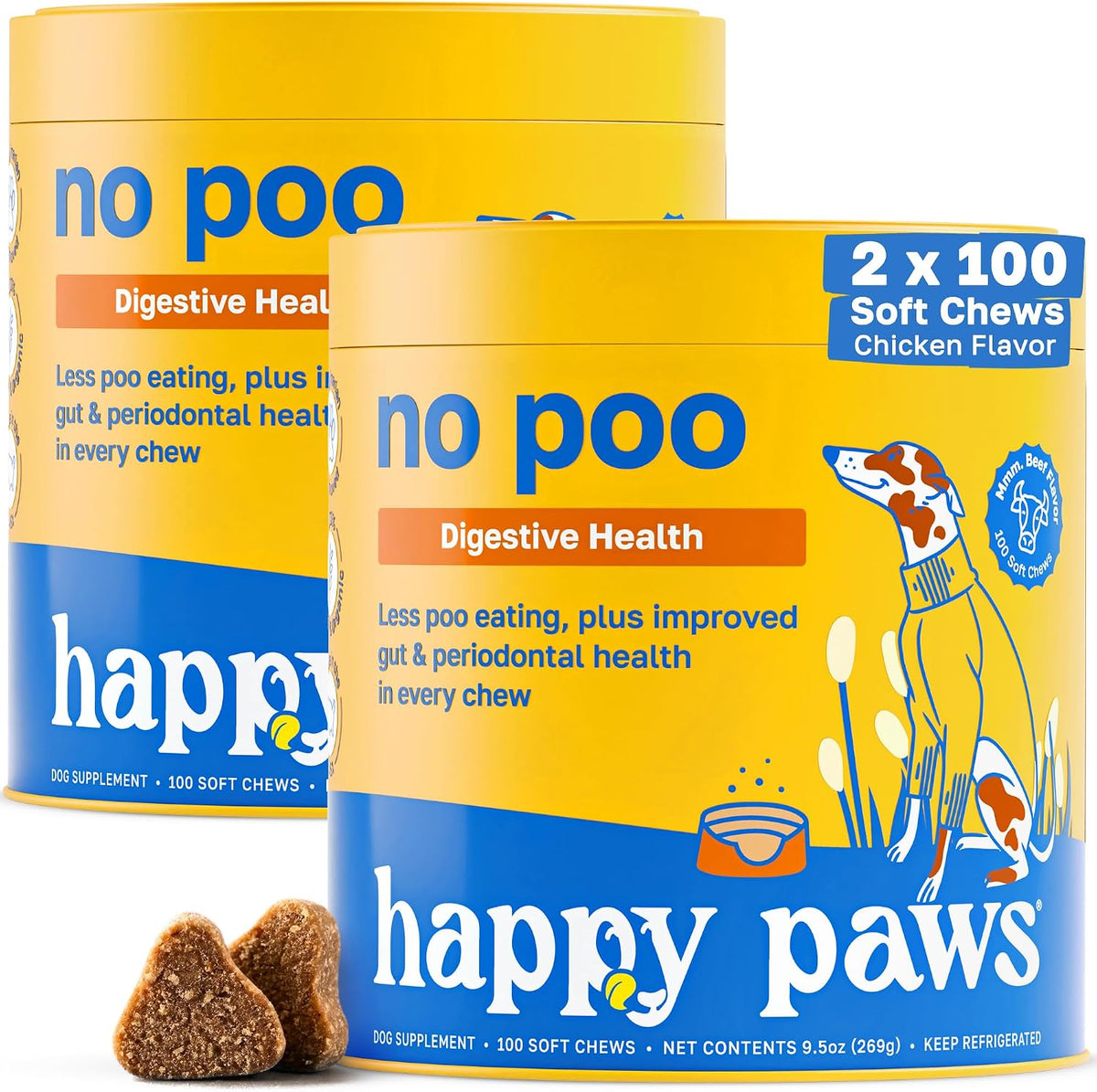 Happy Paws No Poo Chews for Dogs – Coprophagia Deterrent with Probiotics, Pumpkin & Enzymes – Beef Flavour, 200 Count – Image 1