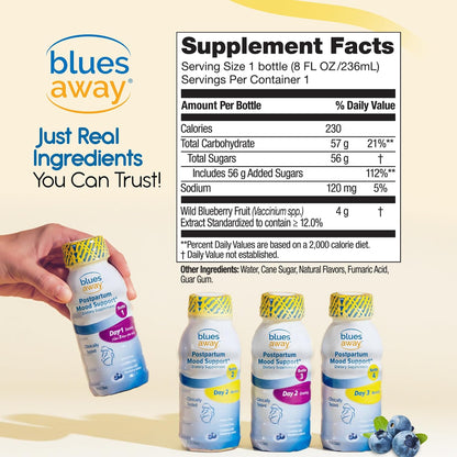 Blues Away Postnatal Mood Support Drink – 3-Day Liquid Supplement for Hormone Balance [4 Bottles]
