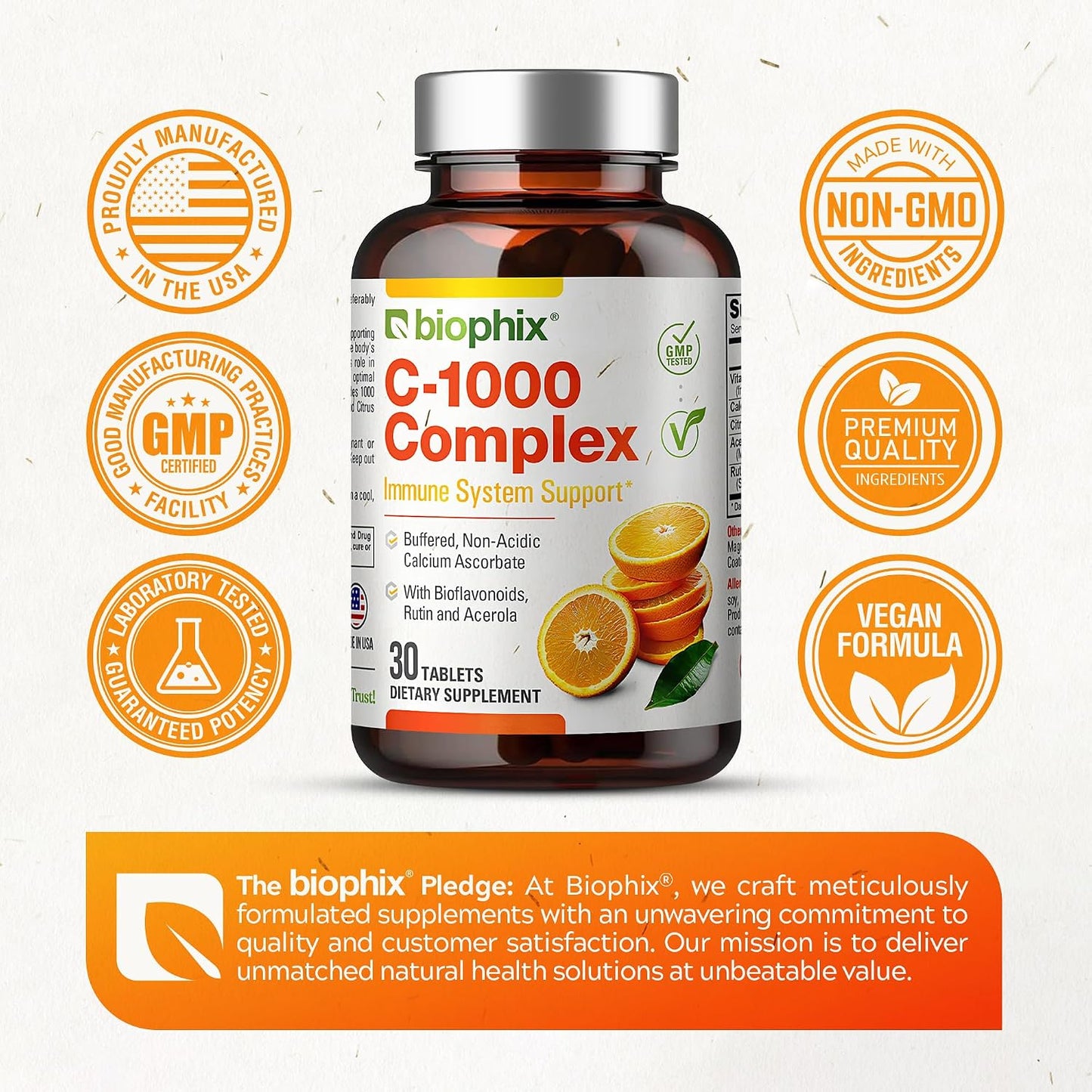 biophix Vitamin C-1000 mg 30 Tablets Complex – Vegan with Calcium, Citrus Bioflavonoids, Acerola, Rutin – Supports Immune Health - görsel 7
