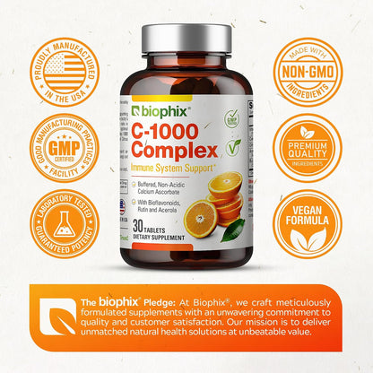 biophix Vitamin C-1000 mg 30 Tablets Complex – Vegan with Calcium, Citrus Bioflavonoids, Acerola, Rutin – Supports Immune Health