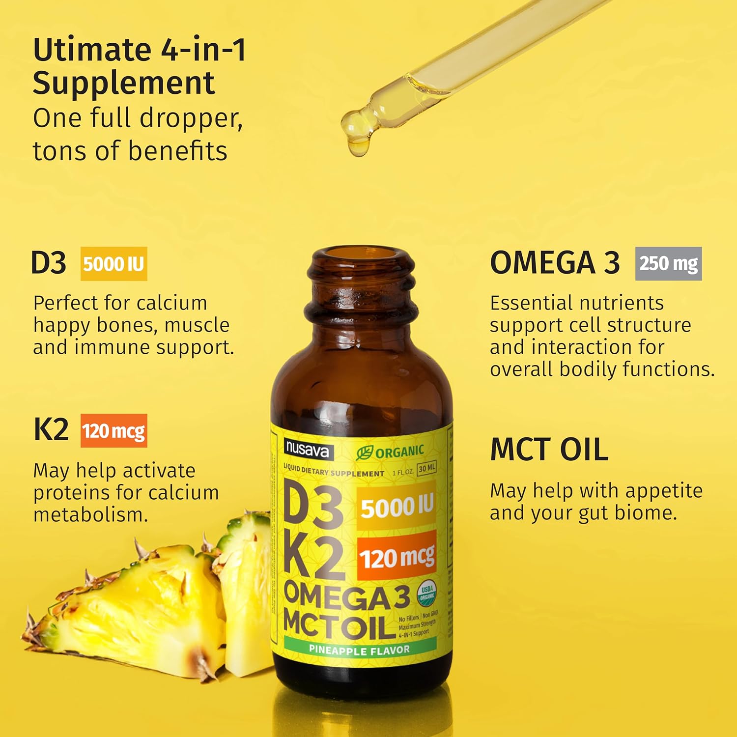 (2 Pack) Organic Vitamin D3 K2 Drops with MCT Oil & Omega 3 - Liquid Vitamin D3 5000 IU - K2 D3 Vitamin Supplement - Vitamin D Drops for Women & Men - No Fillers, Non-GM, GMP, Pineapple (60 mL) - görsel 4