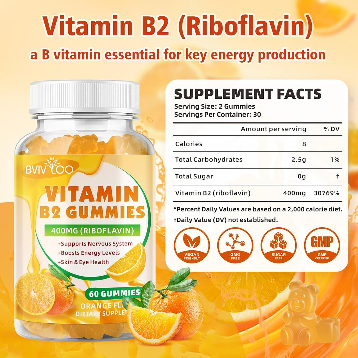 BVIVLOO Vitamin B2 Gummies – Riboflavin 400mg for Energy and Metabolism Support – Image 2