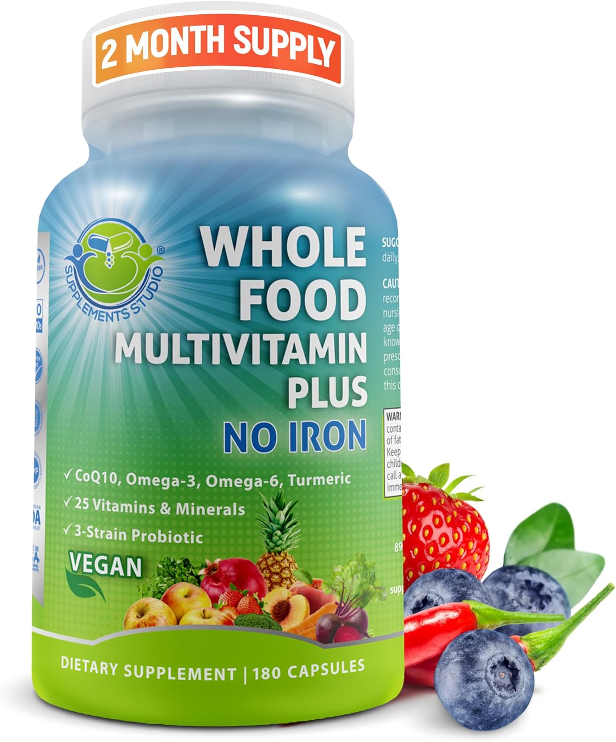 Vegan Wholefood Daily Multivitamin with Iron, Methylated Multivitamin for Women and Men, Made with Fruits & Vegetables, B-Complex, Probiotics, Enzymes, CoQ10, Omegas, Turmeric, Non-GM, 180 Count - görsel 8