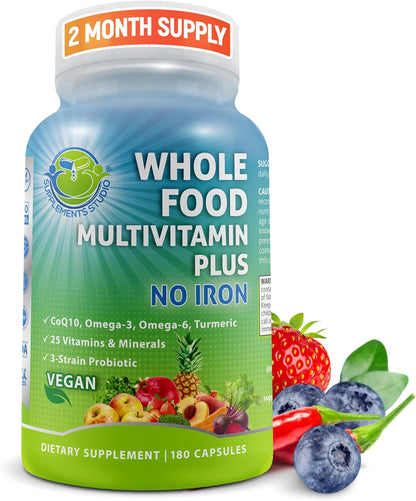 Vegan Wholefood Daily Multivitamin with Iron, Methylated Multivitamin for Women and Men, Made with Fruits & Vegetables, B-Complex, Probiotics, Enzymes, CoQ10, Omegas, Turmeric, Non-GM, 180 Count