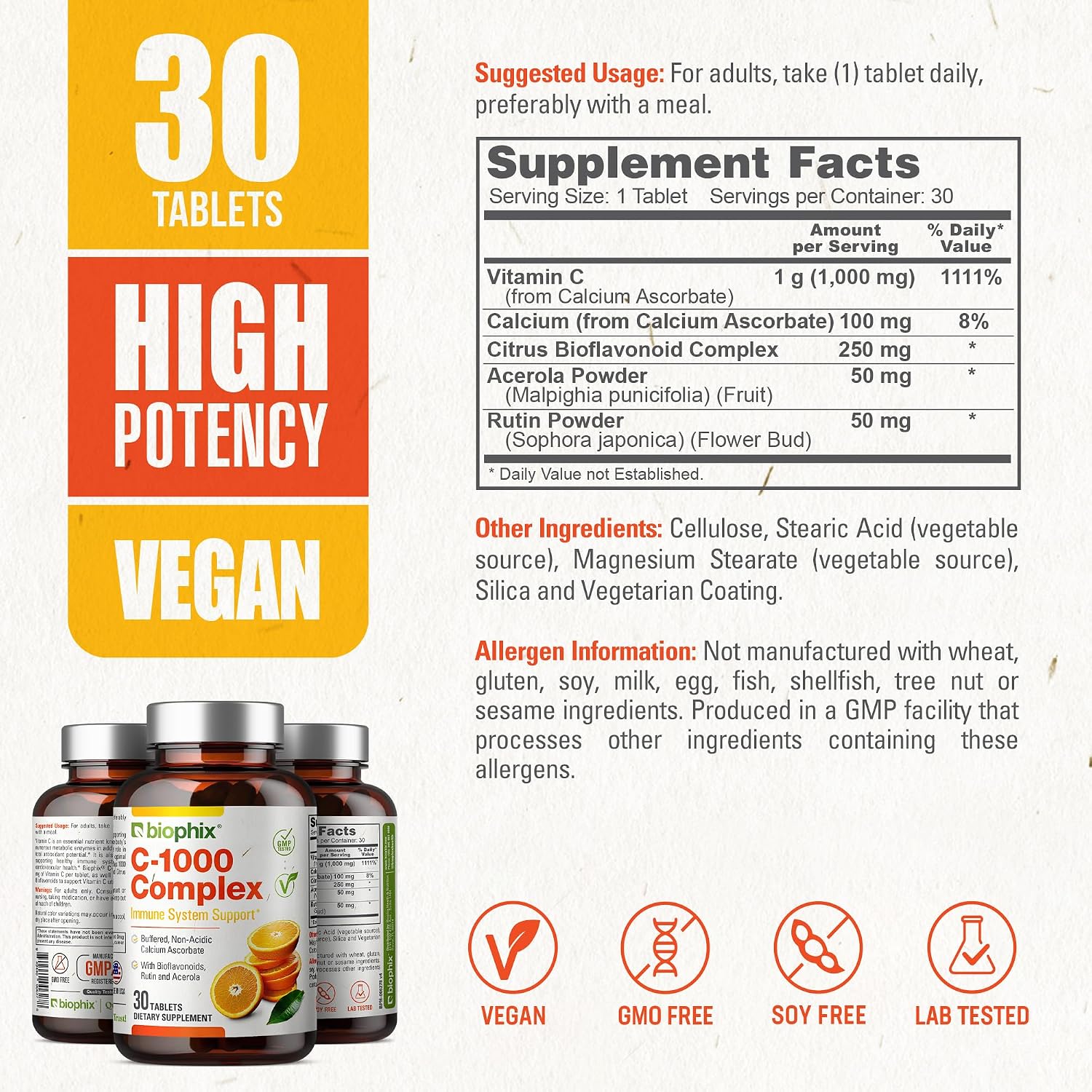 biophix Vitamin C-1000 mg 30 Tablets Complex – Vegan with Calcium, Citrus Bioflavonoids, Acerola, Rutin – Supports Immune Health - görsel 4