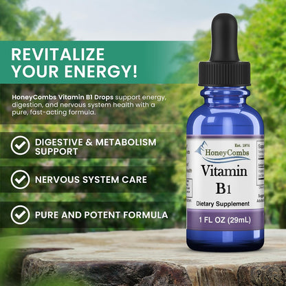 HoneyCombs Vitamin B1 (Thiamine) Liquid Drops - High Potency - Nervous System, Energy & Overall Health - Vegan Liquid B Vitamins (240 mL)