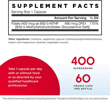 Jarrow Formulas Methyl Folate 400 mcg – 60 Vegie Caps, Pack of 2