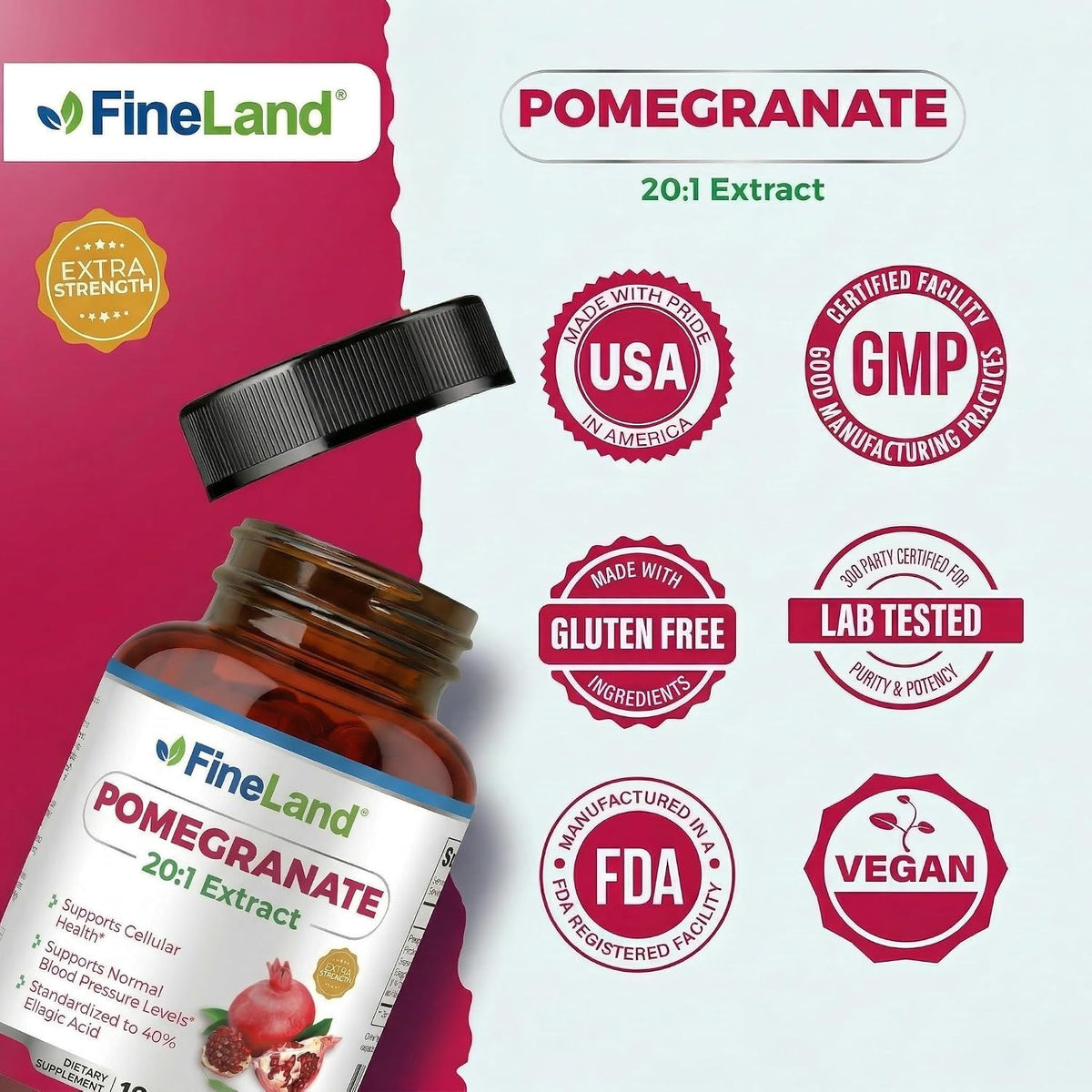 FineLand Pomegranate Extract 20:1 - 40% Ellagic Acid - Antioxidant Support - 120 Vegan Capsules – Image 7