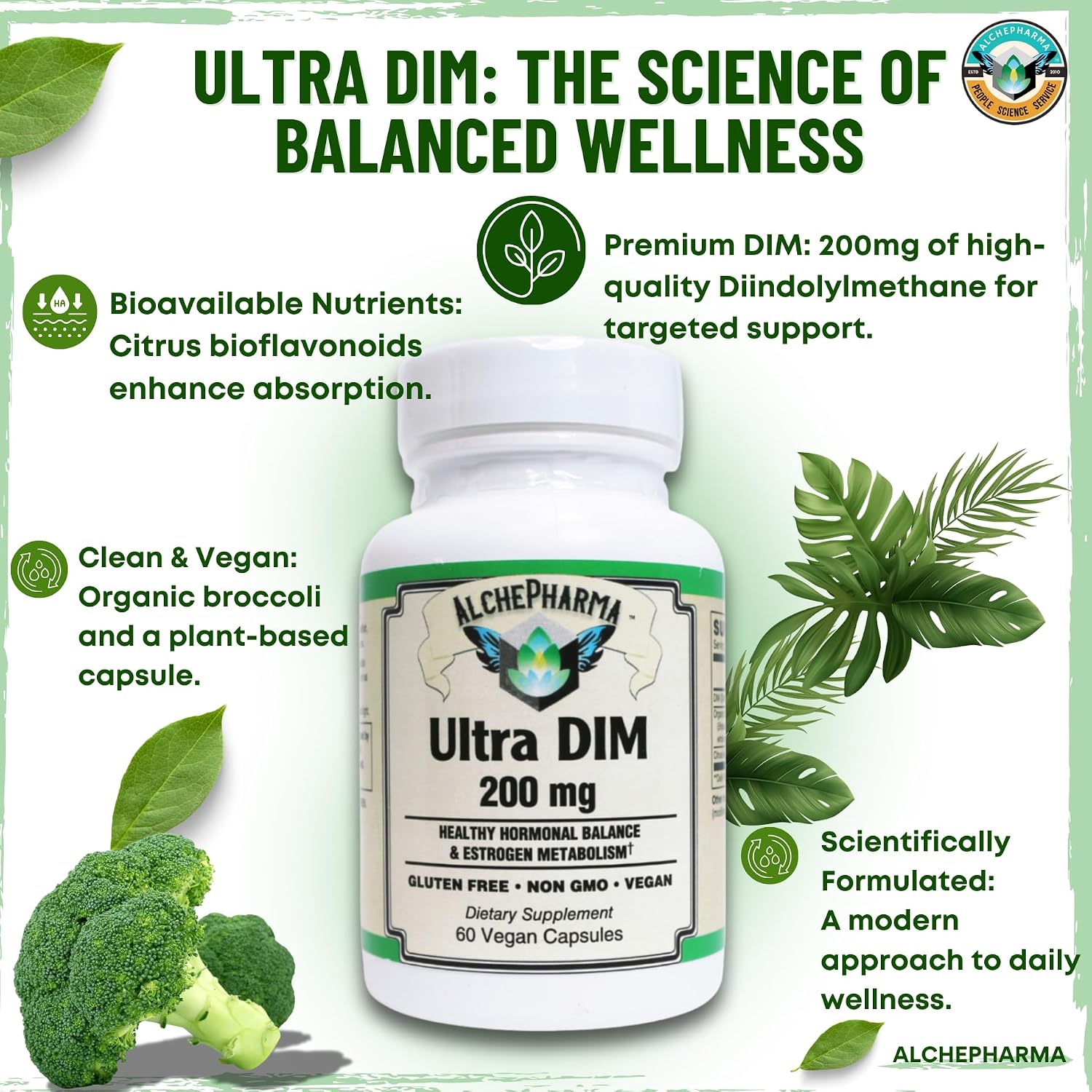 AlchePharma Ultra DIM 200mg – Hormone Balance Supplement with Broccoli Extract, Vegan Capsules - görsel 3