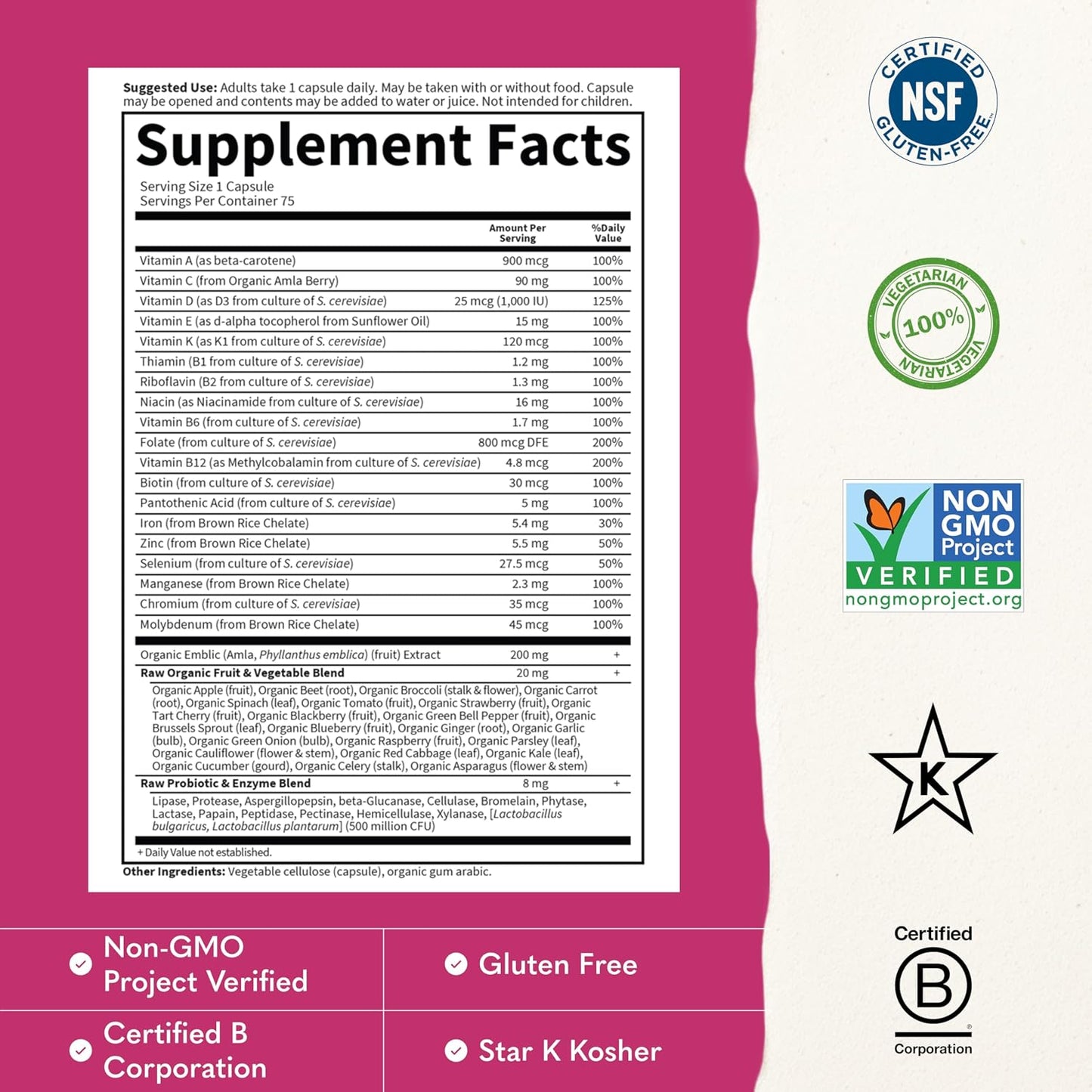 Garden of Life Vitamin Code RAW ONE for Women Once Daily Whole Food Multivitamin with Probiotics, 75 Capsules - görsel 3