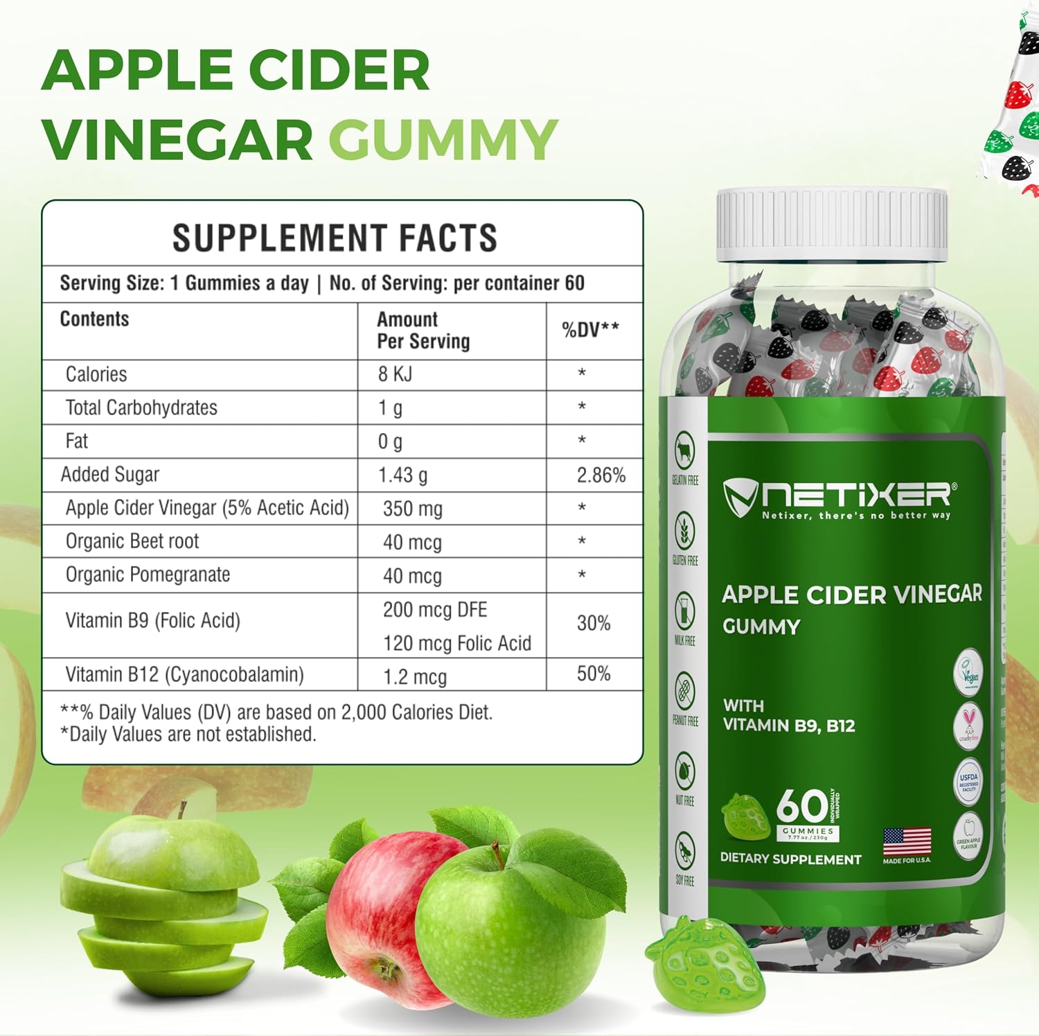 Apple Cider Vinegar Gummies – 350mg Apple Cider Vinegar per Gummy – with Vitamin B9 & B12 – Vegan Pectin Gummies – Individually Wrapped – 60 Gummies - görsel 2