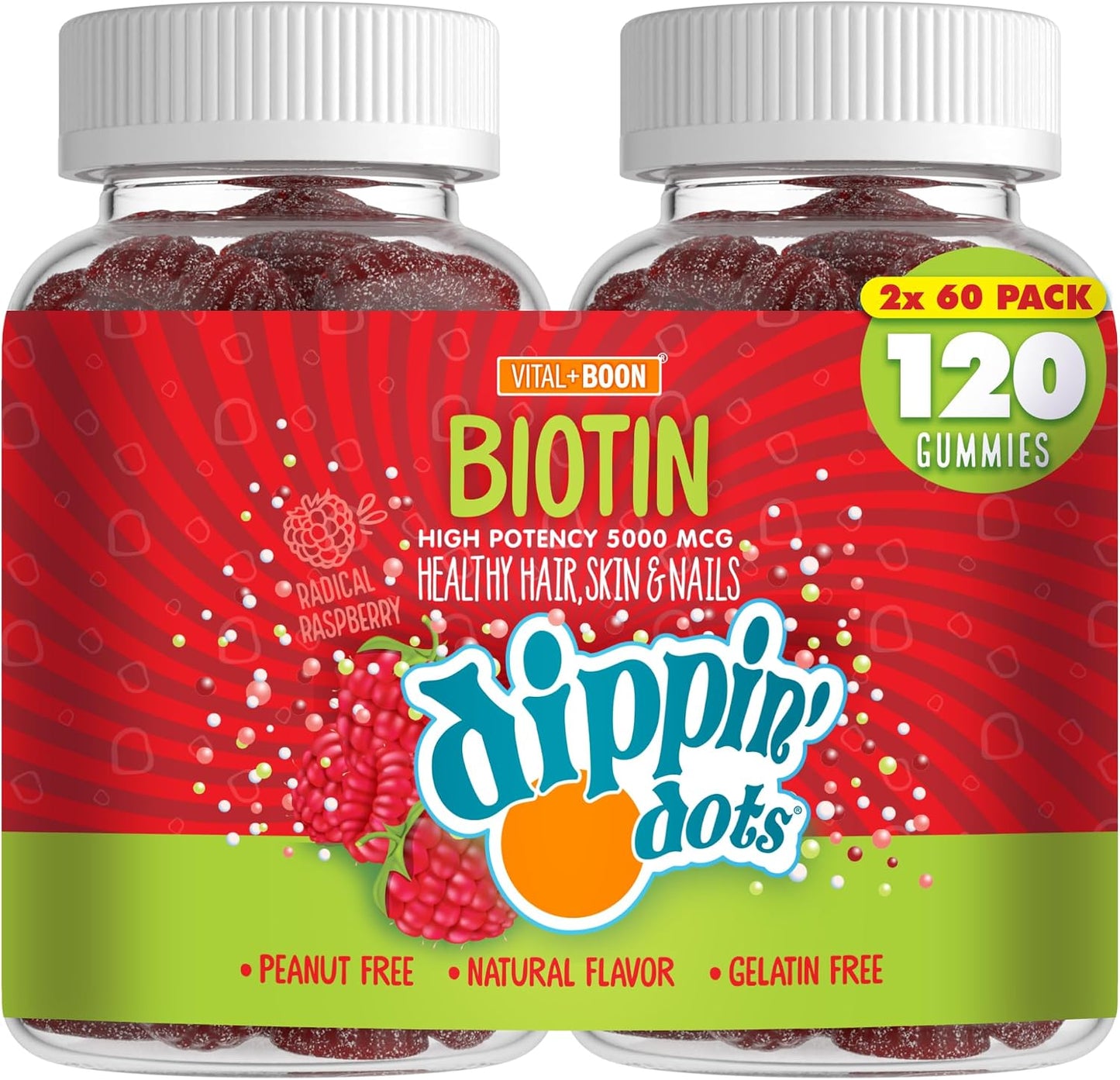 Dippin' Dots High Potency Biotin Gummies 5000mcg - Hair, Skin & Nails - Raspberry - 60 Day Supply (2 Pack) - görsel 1