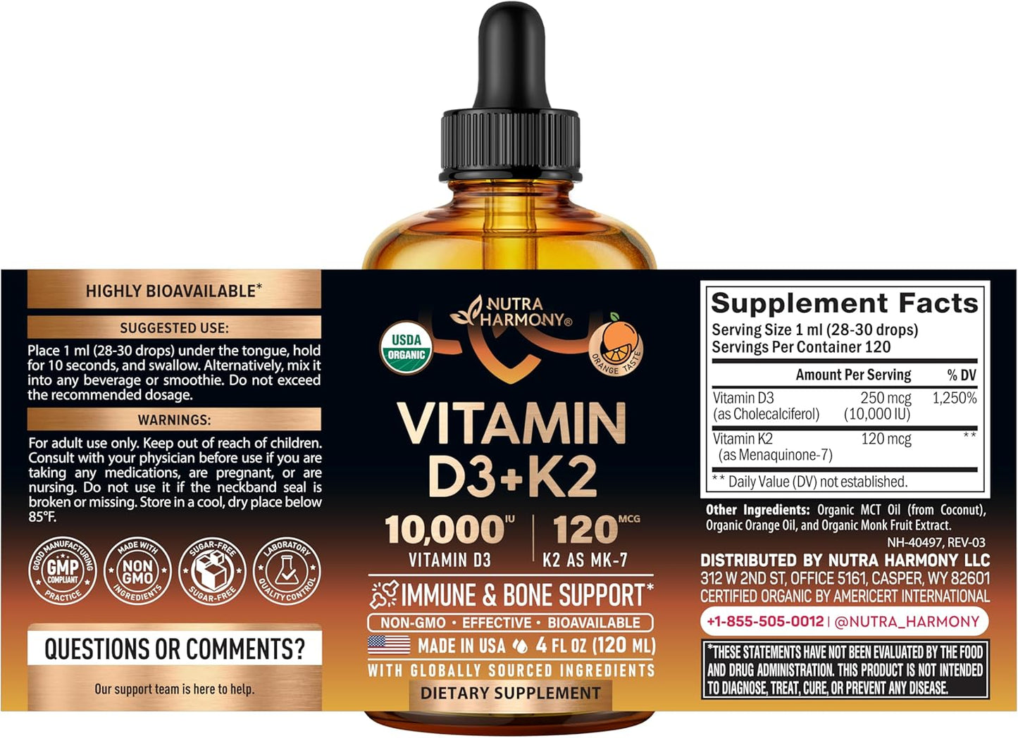 Vitamin D3 K2 USDA Organic Drops, 10000 IU D3 & 120 mcg K2 MK-7, Orange Flavour, 120ml (120-Day Supply) - görsel 2