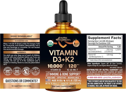Vitamin D3 K2 USDA Organic Drops, 10000 IU D3 & 120 mcg K2 MK-7, Orange Flavour, 120ml (120-Day Supply)