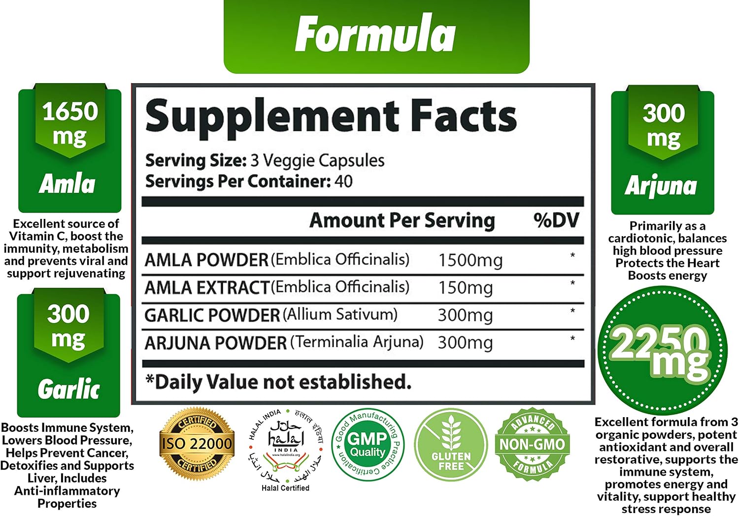 Cona Nature Organic Amla Capsules 1650mg with Arjuna & Garlic – Natural Vitamin C Supplement, Antioxidant Rejuvenator, Immunity & Energy Support, Gluten free, Vegan, 120 Capsules - görsel 2