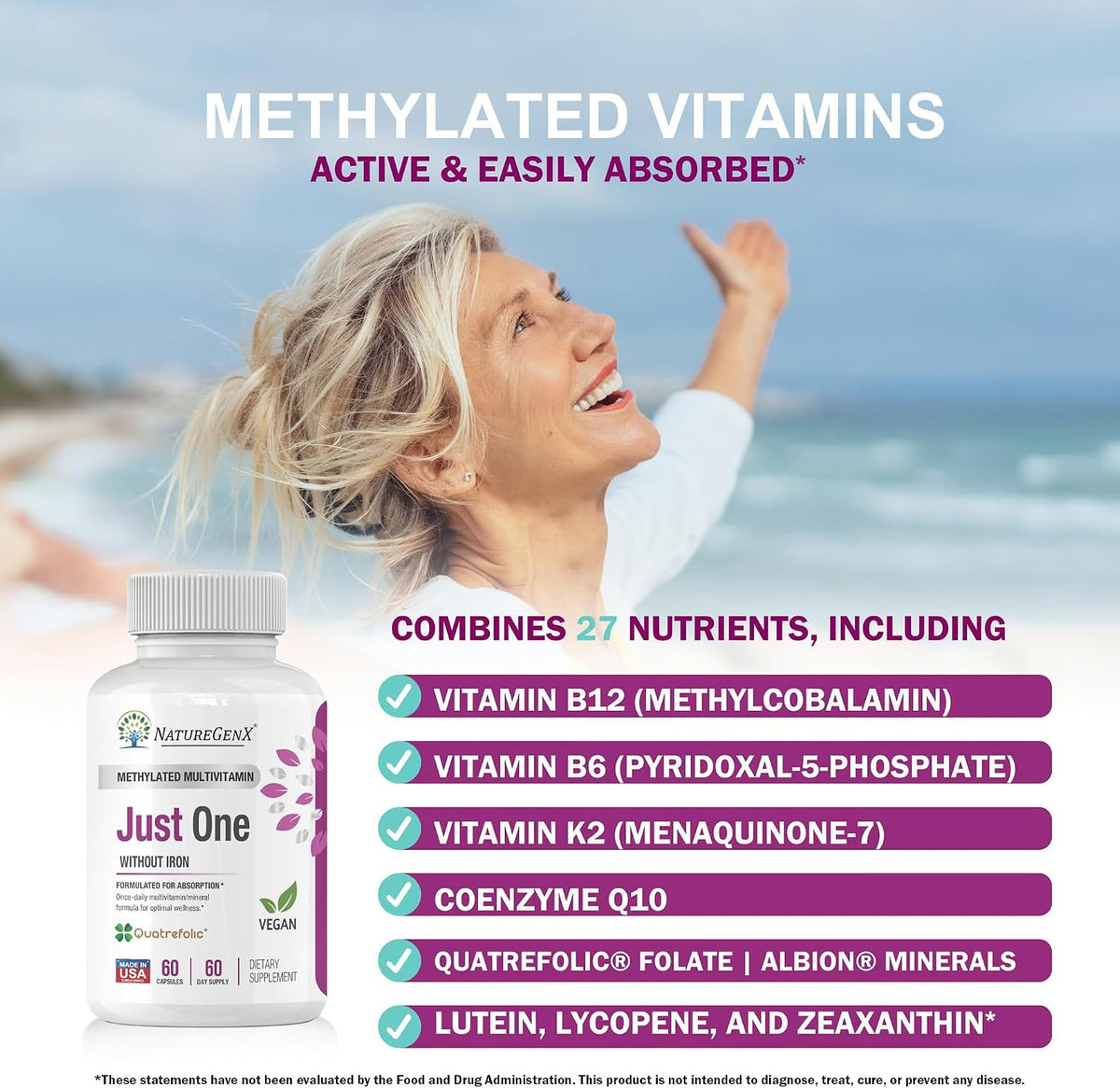 NatureGenX Just One Daily Methylated Multivitamin - Iron-Free, Methyl B12 & Quatrefolic Methylfolate, 120 Vegan Capsules – Image 2