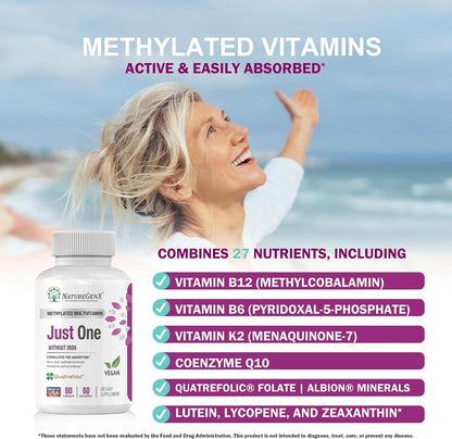 NatureGenX Just One Daily Methylated Multivitamin - Iron-Free, Methyl B12 & Quatrefolic Methylfolate, 120 Vegan Capsules – Image 2