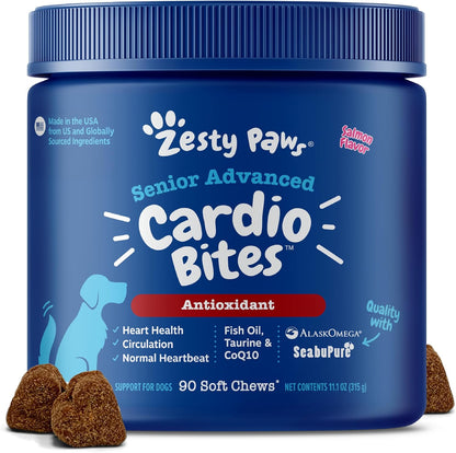 Zesty Paws Cardiovascular Support for Dogs - with CoQ10, Taurine, L-Carnitine & AlaskOmega Fish Oil - Senior Heart Health - Salmon Flavour - 90 Chews