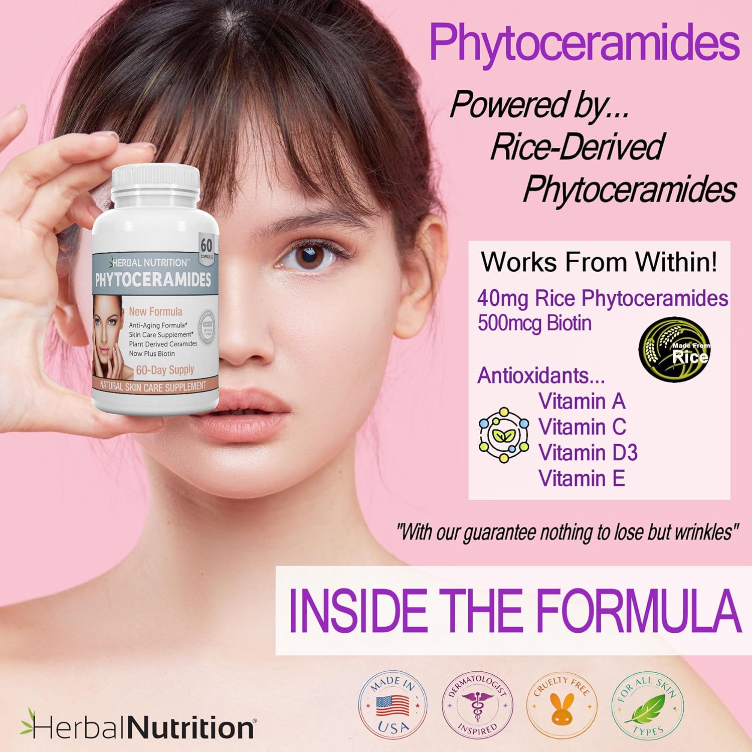 Herbal Nutrition Phytoceramides from Rice with Biotin Vitamin A, C, D and E, Three Bottle Pack, 180 Capsules 40mg - görsel 3