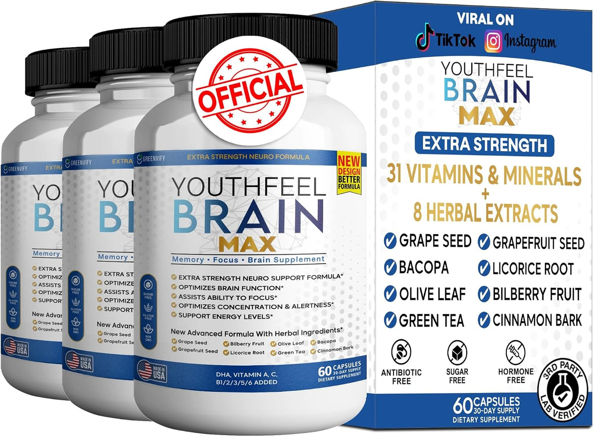 Youthfeel Brain Max Extra Strength Cognitive – Antioxidant-rich herbs – Green tea, grape seed, bilberry, liquorice – Image 8