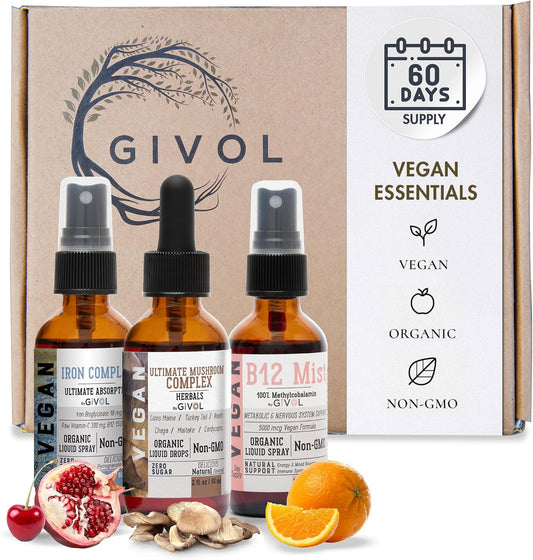 GIVOL Ultimate Vegan Essential Bundle Liquid Spray – Mushroom Complex, Iron Bisglycinate, and Vitamin B12 Methylcobalamin, – Image 1