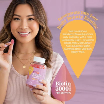 21st Century Biotin Gummies 5000 mcg for Hair Growth, Skin and Nail Health – Vegetarian Strawberry Supplement for Women, 120 Gummies, Gluten free