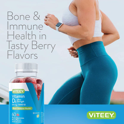 Viteey Vitamin D3 Gummies for Adults & Teens - 5,000 IU Ultra Strength - Berry Flavour - 120 Count