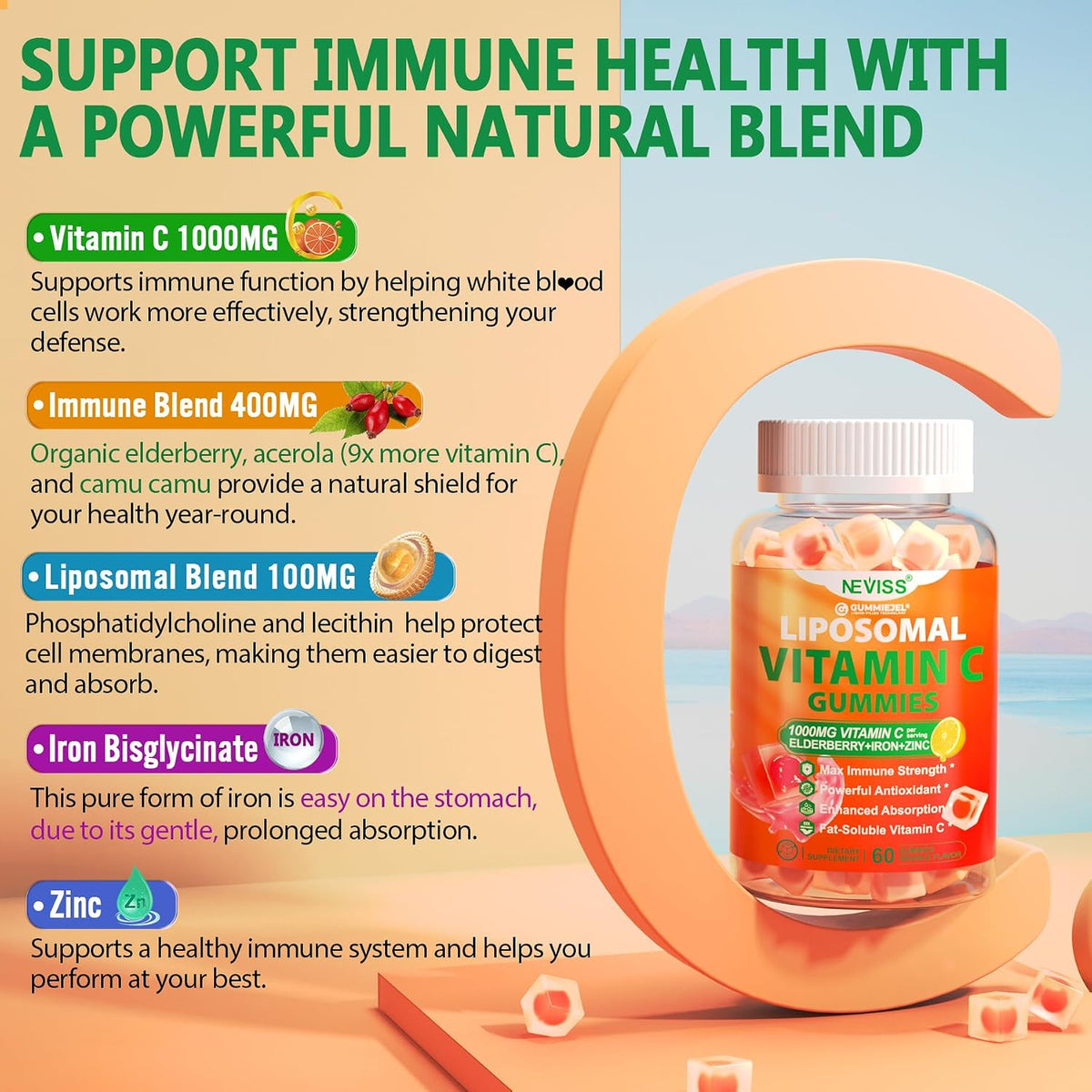 NEVISS Liposomal Vitamin C 1000mg Gummies with Elderberry, Zinc and Iron – Image 3