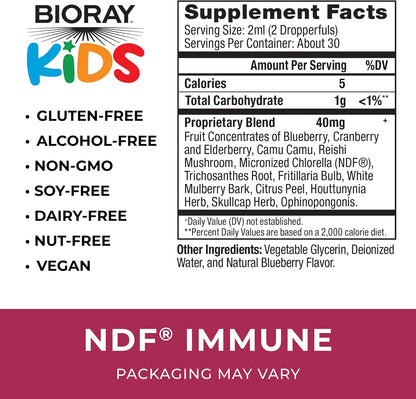 BIORAY Kids NDF Immune, Blueberry – 60 mL – Immune Support & Natural Detox – Non-GM, Vegan, Gluten free – 30 Servings